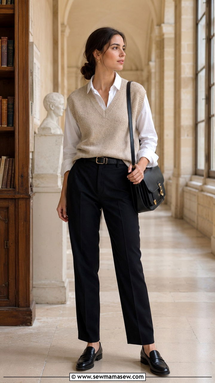 Sweater Vest Over White Shirt With Trousers - 30 Modest outfit ideas Parisian