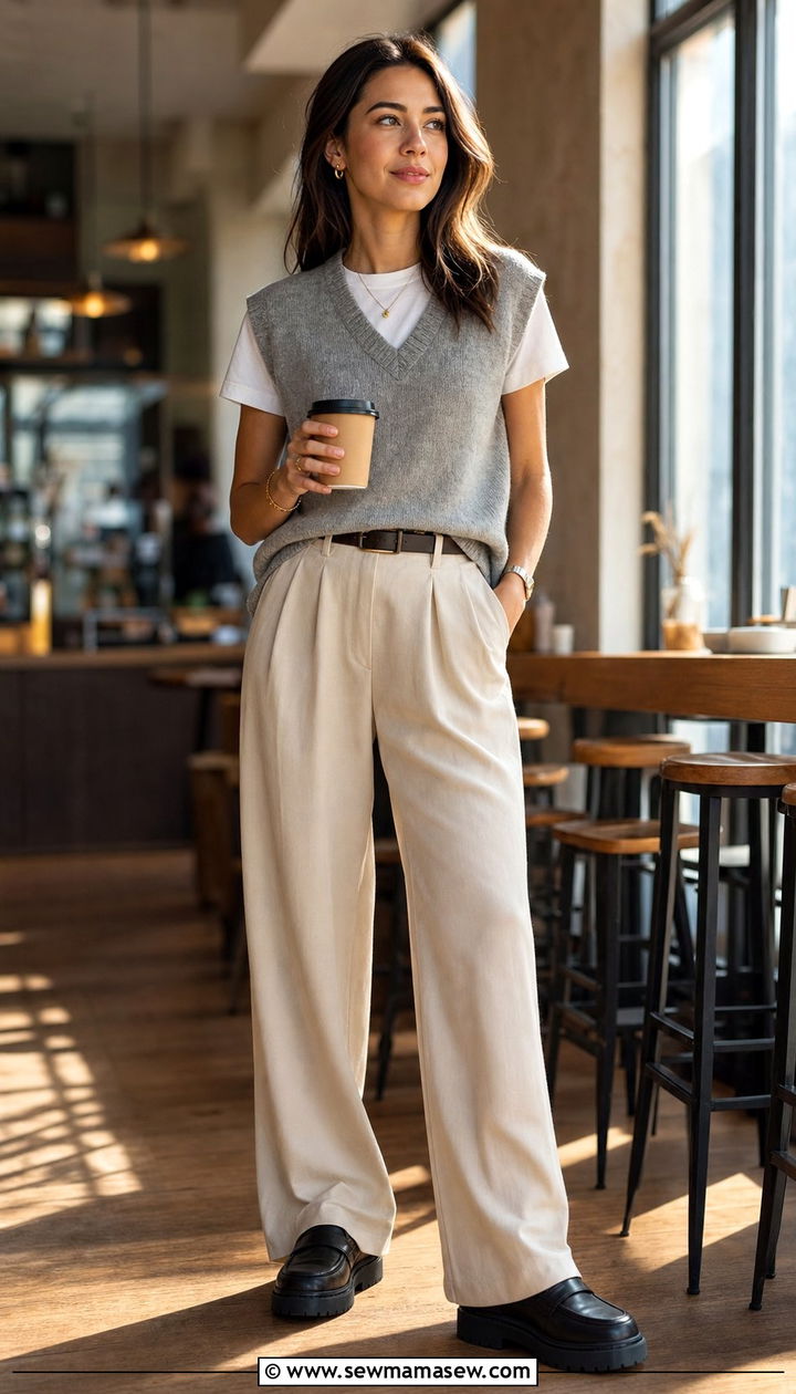 Sweater Vest Over White Tee With Wide Leg Trousers - 25 Emma Chamberlain spring outfit ideas