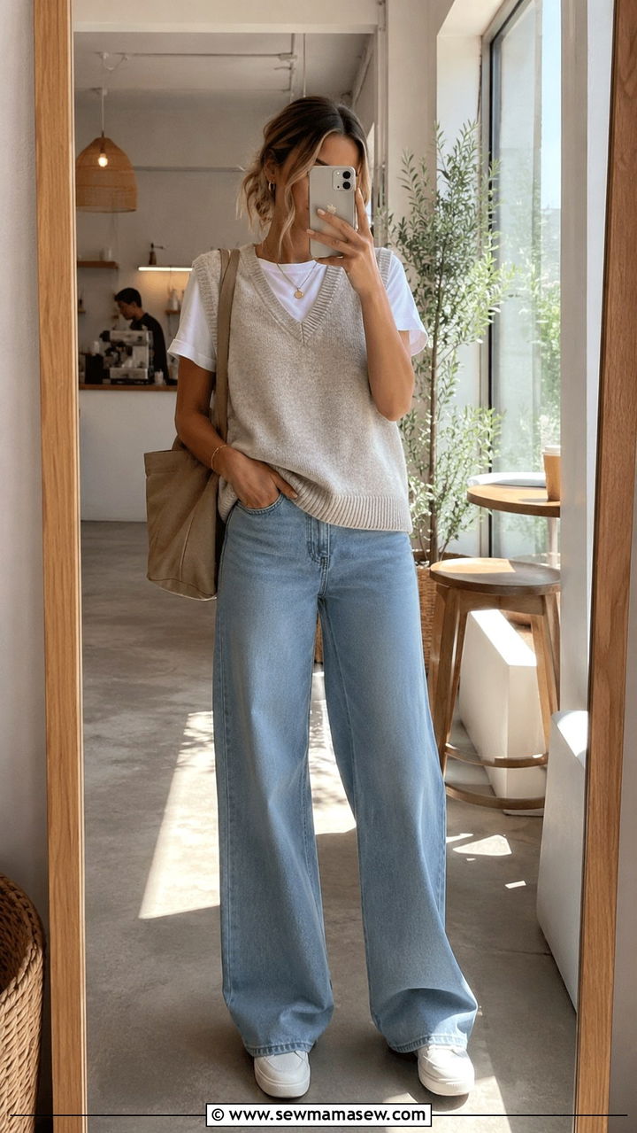 Sweater Vest Over White Tee and Jeans - 30 Minimalist travel outfits