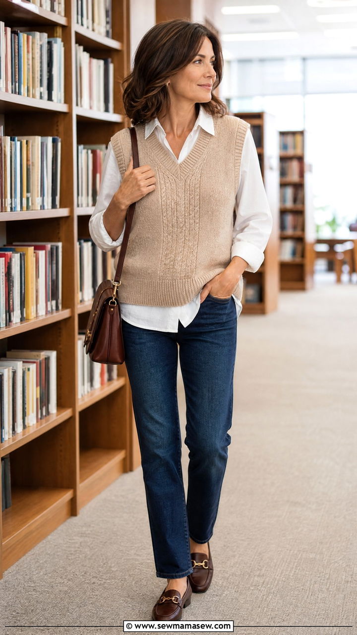 Sweater Vest Over a Button Down Shirt - 30 everyday outfit ideas for women over 40