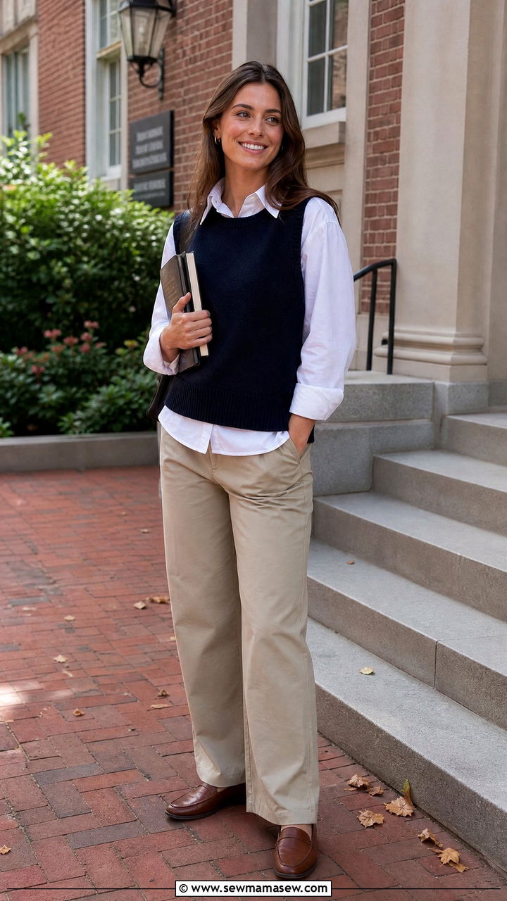 Sweater Vest Over a Collared Shirt with Relaxed Trousers - 30 First day of college outfit ideas 2026