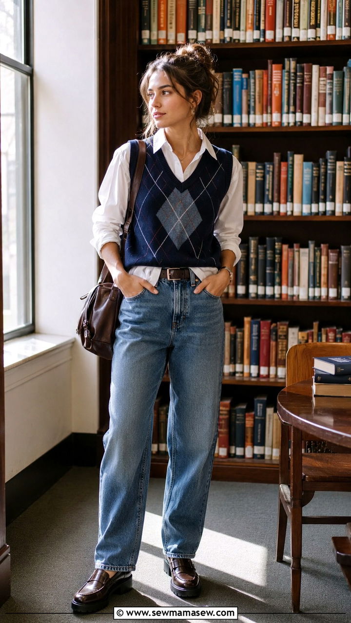 Sweater Vest Over a Crisp White Button Down - 30 casual 90s outfits