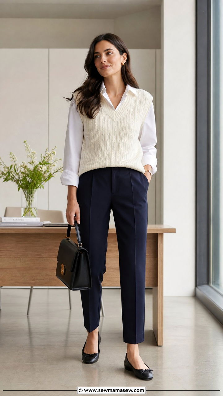 Sweater Vest Over a Crisp White Shirt - 20 Spring outfits for 60 degree weather