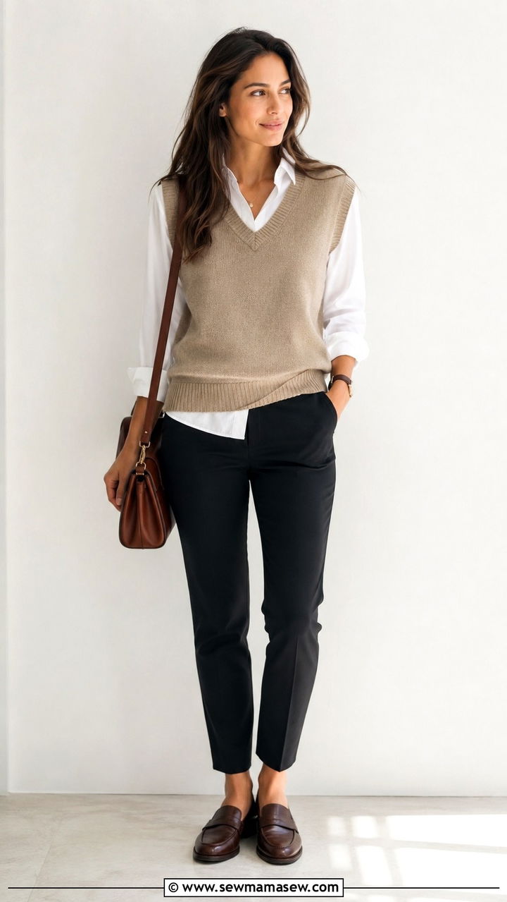 Sweater Vest Over a Long Sleeve Button Down With Slim Trousers - 30 business casual outfits 2026