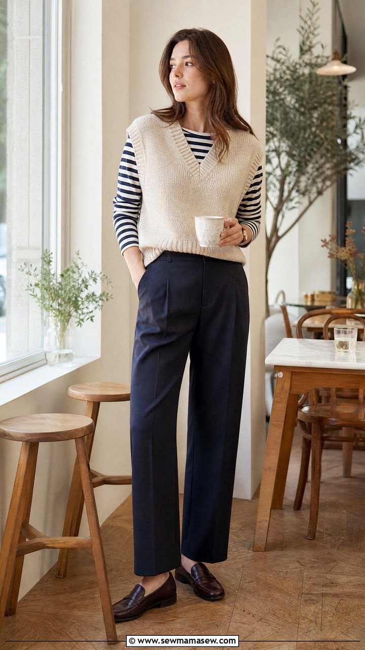 Sweater Vest Over a Striped Breton Tee and Straight Trousers - 30 Cool morning warm afternoon outfits