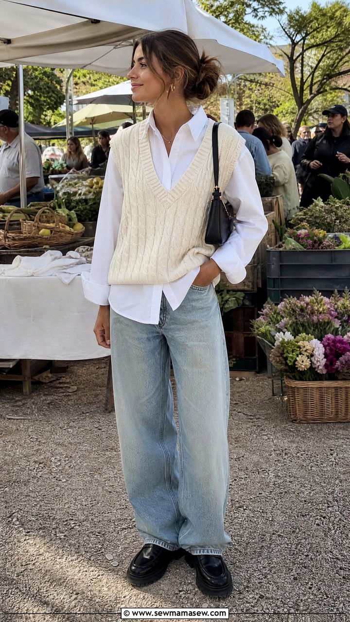 Sweater Vest Over a White Button Down with Baggy Jeans and Loafers Outfit - 30 Farmers market outfit ideas