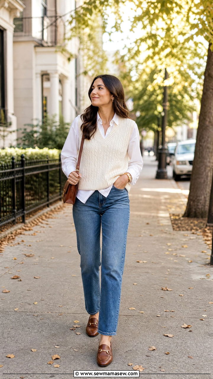 Sweater Vest Over a White Button Up Shirt - 20 Spring outfits for 65 degree weather