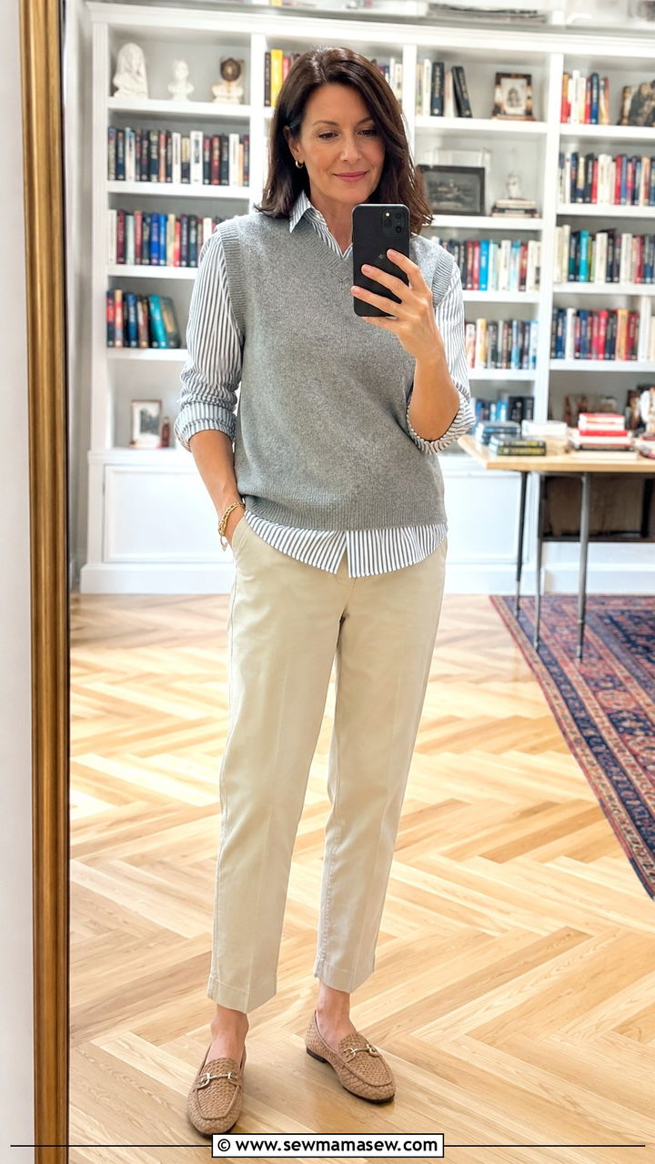 Sweater Vest Striped Button Down and Straight Chinos - 25 Preppy outfits for women over 40