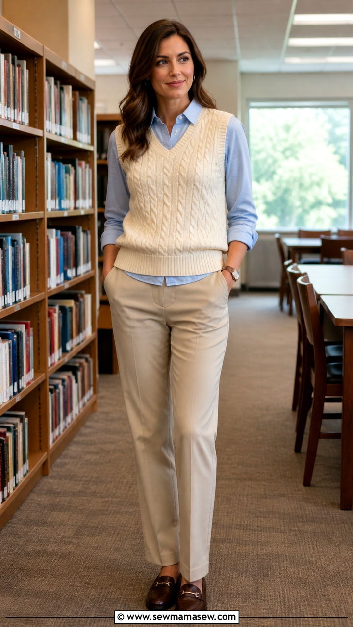 Sweater Vest With Button Down And Straight Pants - 40 teacher outfits ideas