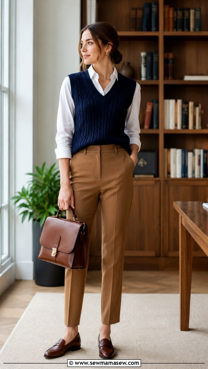 Sweater Vest With Button Down And Trousers - 30 cute summer to fall outfits