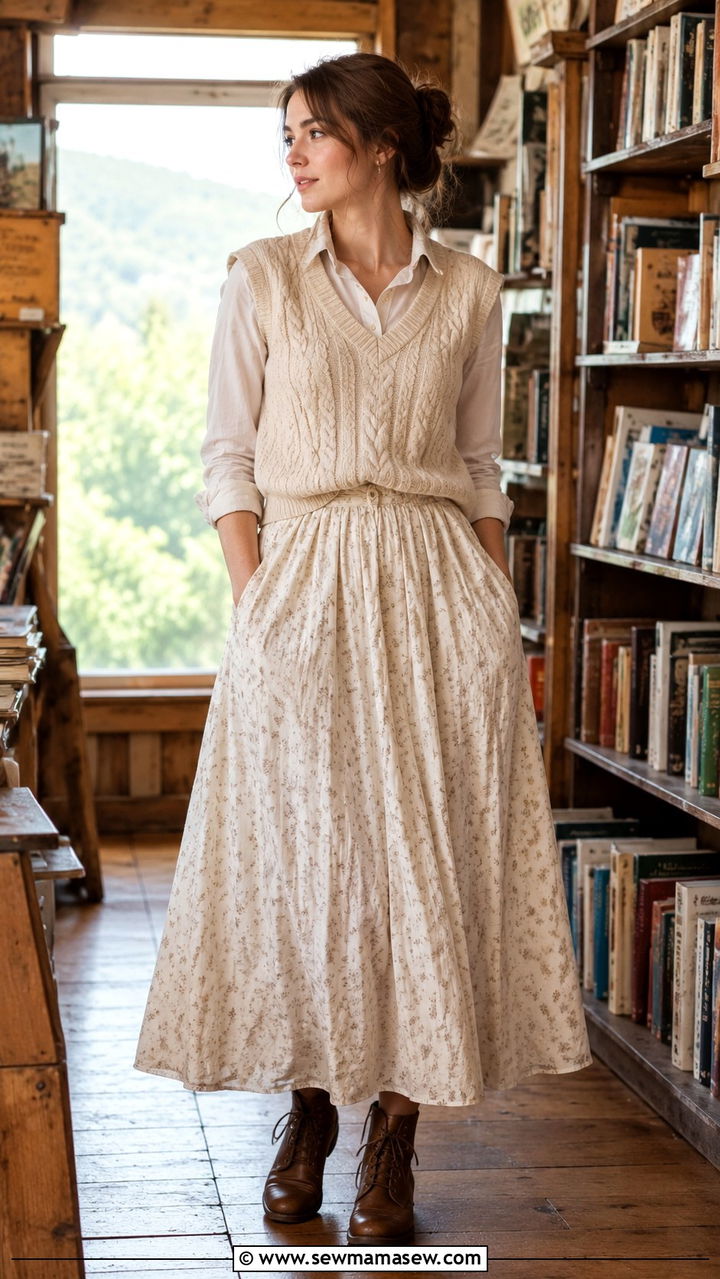 Sweater Vest With Button Down Shirt and Flowing Maxi Skirt - 20 Poetcore outfit ideas Dead Poets Society vibe