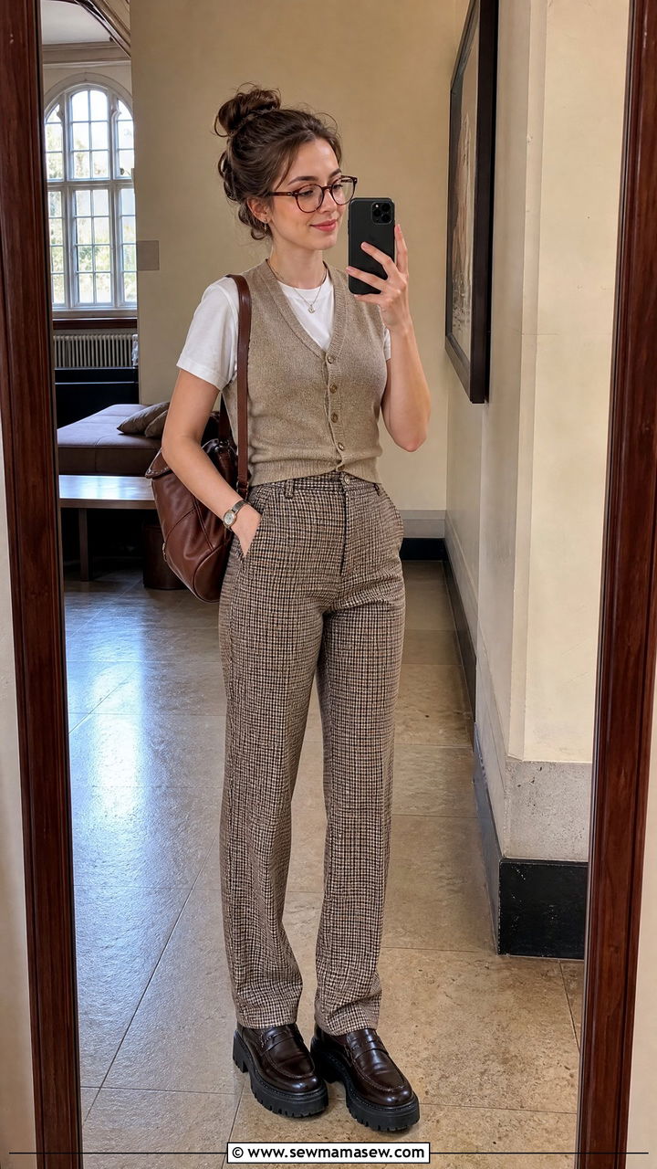 Sweater Vest With Checked Trousers - 25 Spring outfits with sweater vest