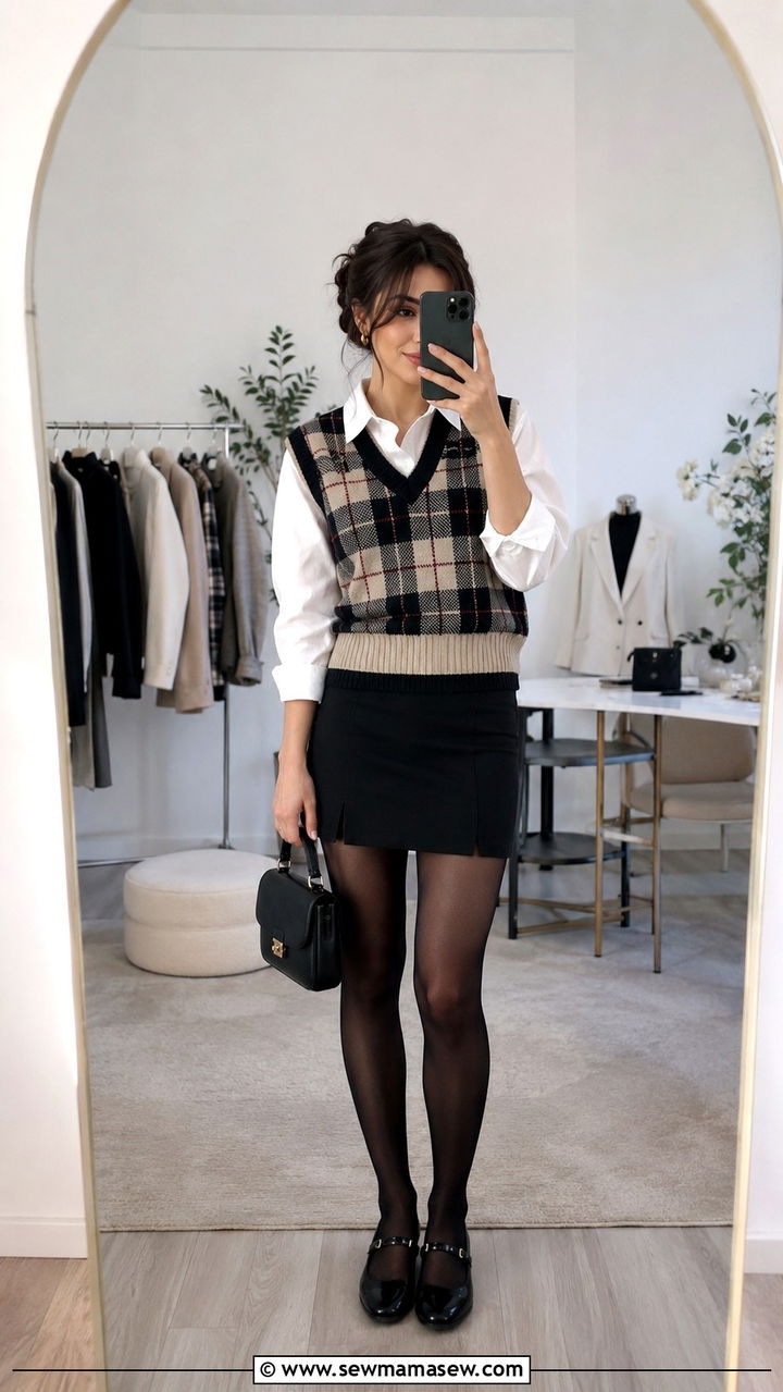 Sweater Vest With Collared Shirt And Mini Skirt Outfit - 25 Personal shopper outfit ideas
