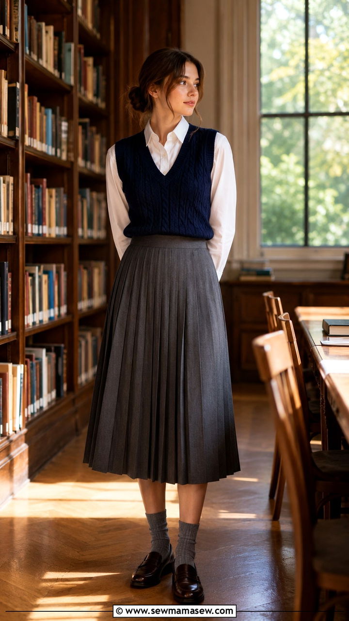 Sweater Vest With Collared Shirt And Pleated Midi Skirt - 30 transitional outfits inspo