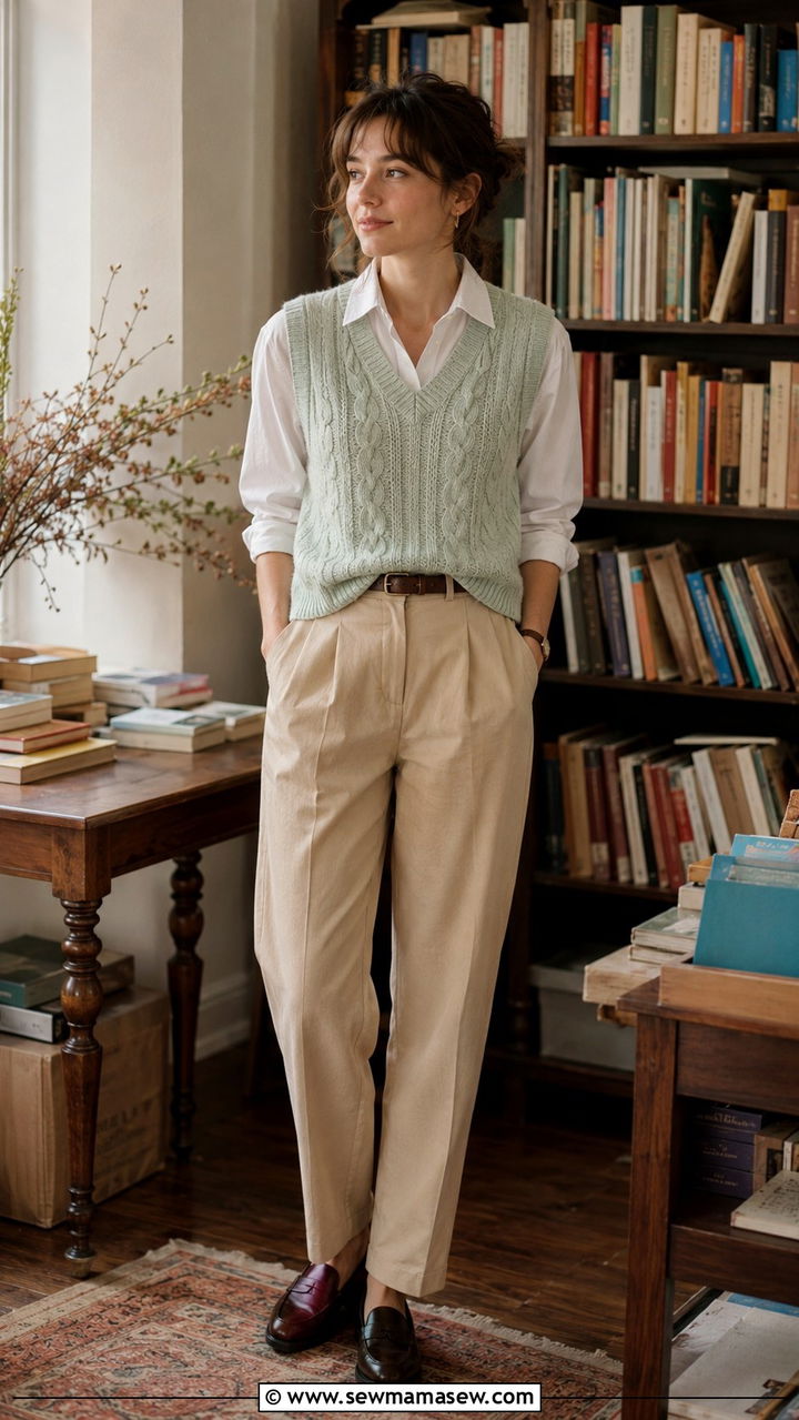 Sweater Vest With Collared Shirt And Pleated Trousers - 30 spring vintage outfit ideas