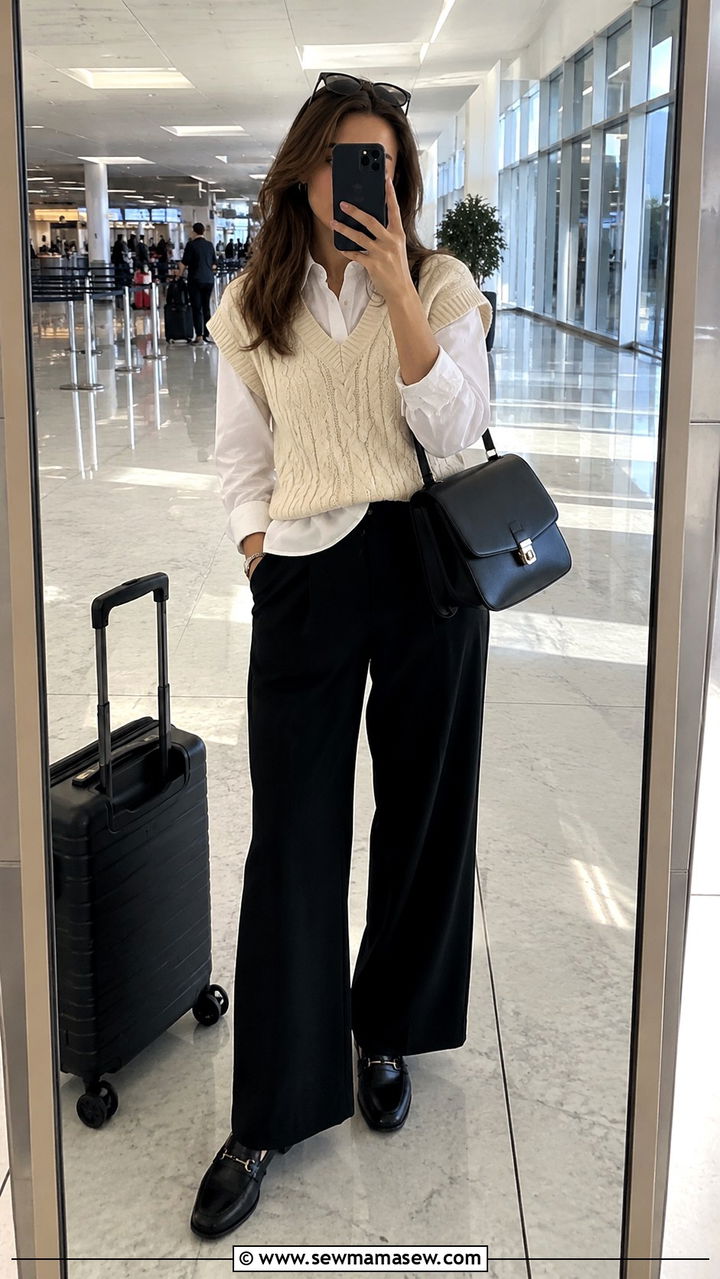 Sweater Vest With Collared Shirt And Trousers Airport Outfit - 25 Airport outfit ideas for Europe