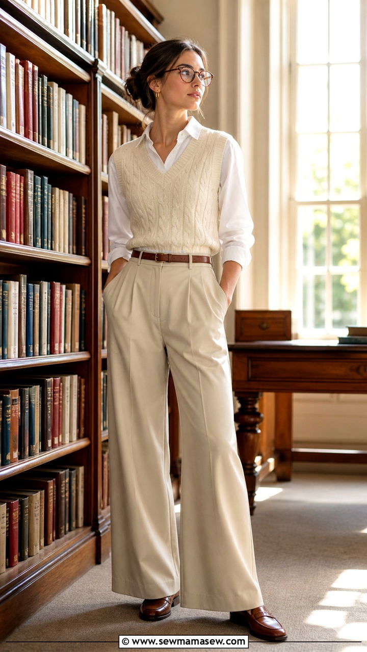 Sweater Vest With Collared Shirt And Wide Leg Trousers - 40 light academia outfits for women