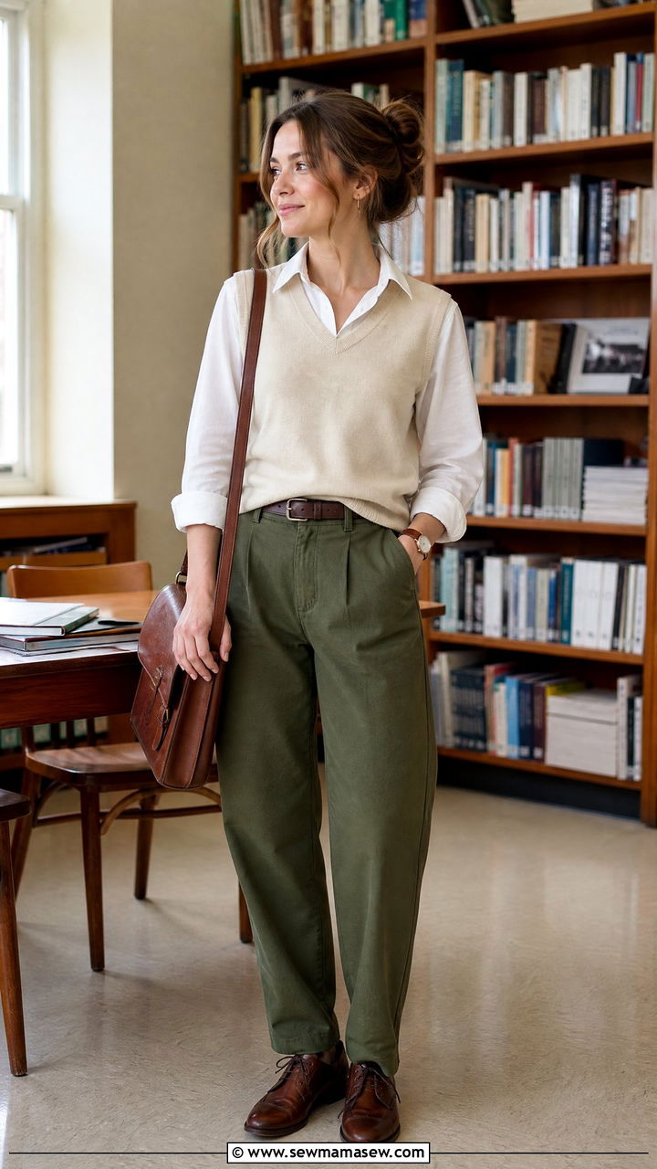 Sweater Vest With Collared Shirt and Relaxed Trousers - 25 First year teacher outfit ideas