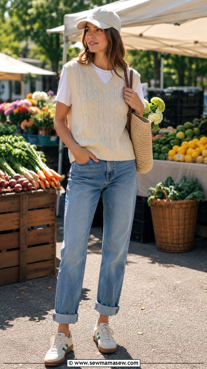 Sweater Vest With Cuffed Jeans And Retro Court Shoes - 30 Sporty chic outfit ideas with jeans