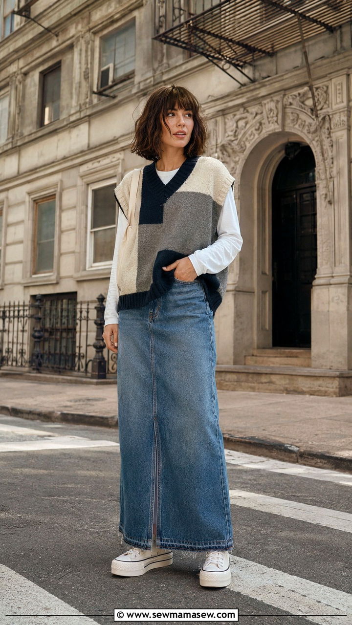 Sweater Vest With Denim Maxi Skirt And Platform Sneakers - 30 How to style a sweater vest