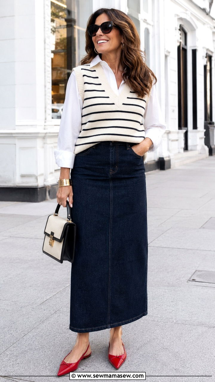 Sweater Vest With Denim Maxi Skirt and Slingback Flats - 20 denim maxi skirt outfits for women over 40