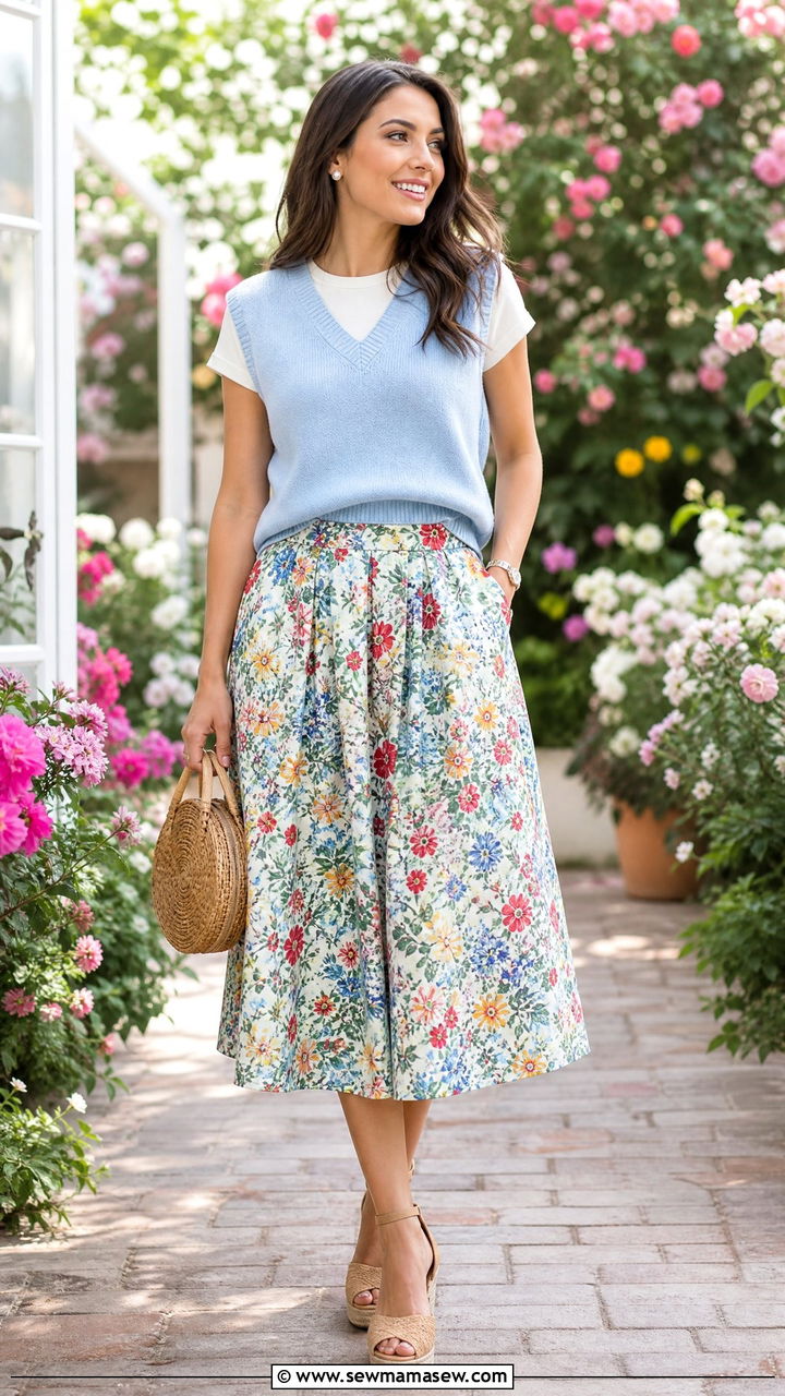 Sweater Vest With Floral Midi Skirt - 25 Spring outfits with sweater vest