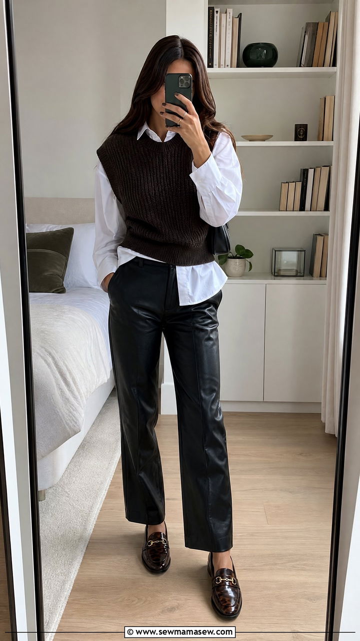 Sweater Vest With Leather Pants Outfit - 30 Dark academia spring outfits