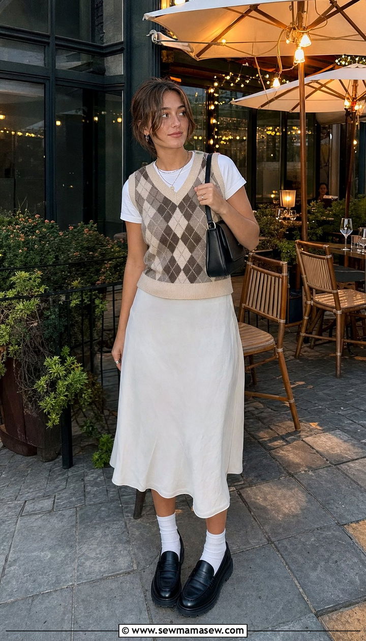 Sweater Vest With Midi Skirt and Loafers - 25 Emma Chamberlain summer outfit ideas