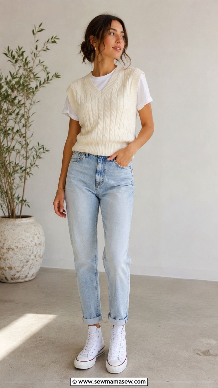 Sweater Vest With Mom Jeans and White Sneakers - 30 Mom jeans outfit ideas with white sneakers