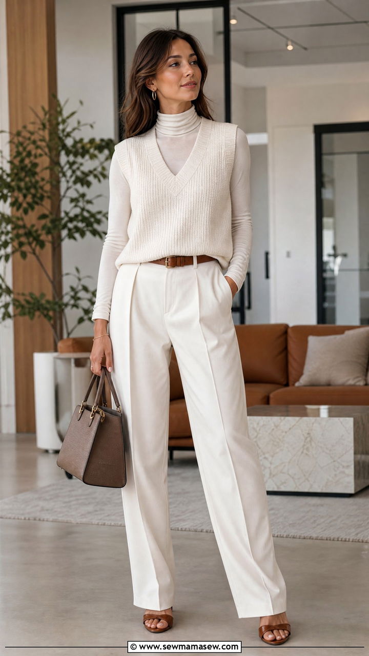 Sweater Vest With Off White Trousers - 25 Spring outfits with sweater vest