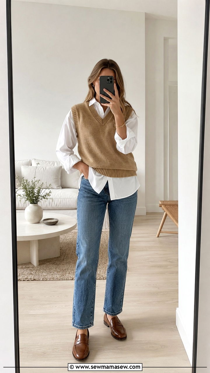 Sweater Vest With Oversized Shirt And Straight Leg Jeans - 30 casual scandinavian outfits