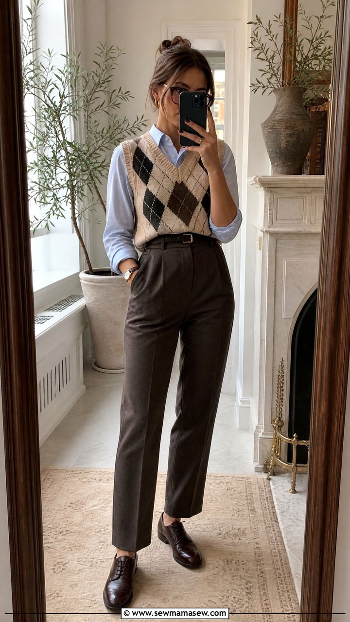 Sweater Vest With Oxford Shirt And Tailored Trousers - 25 classy librarian core outfits