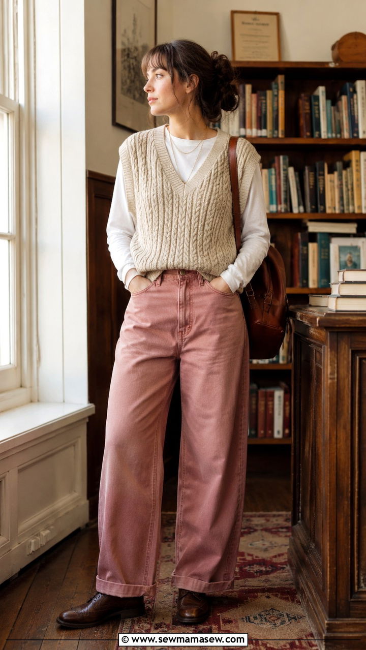 Sweater Vest With Pink Jeans and Oxford Shoes - 30 Pink jeans outfit ideas