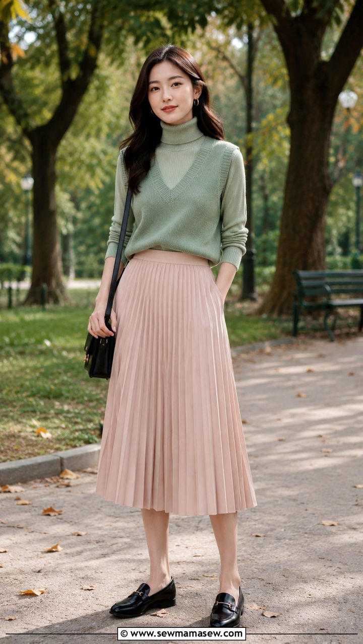 Sweater Vest With Pleated Midi Skirt And Loafers - 30 How to style a sweater vest