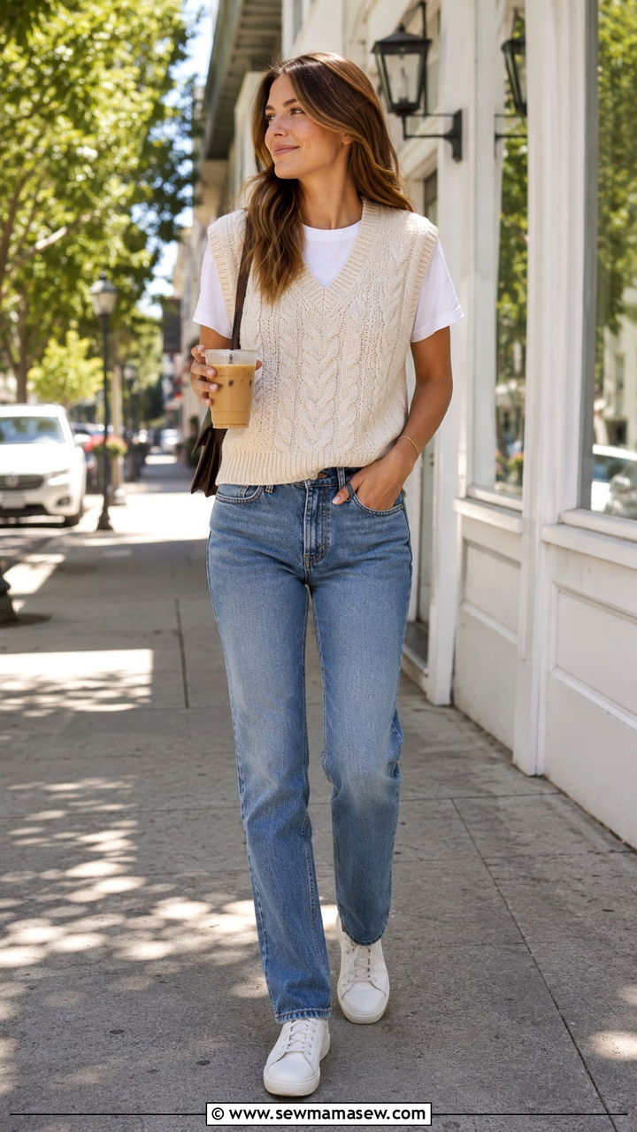 Sweater Vest With Straight Leg Jeans And White Sneakers - 30 How to style a sweater vest