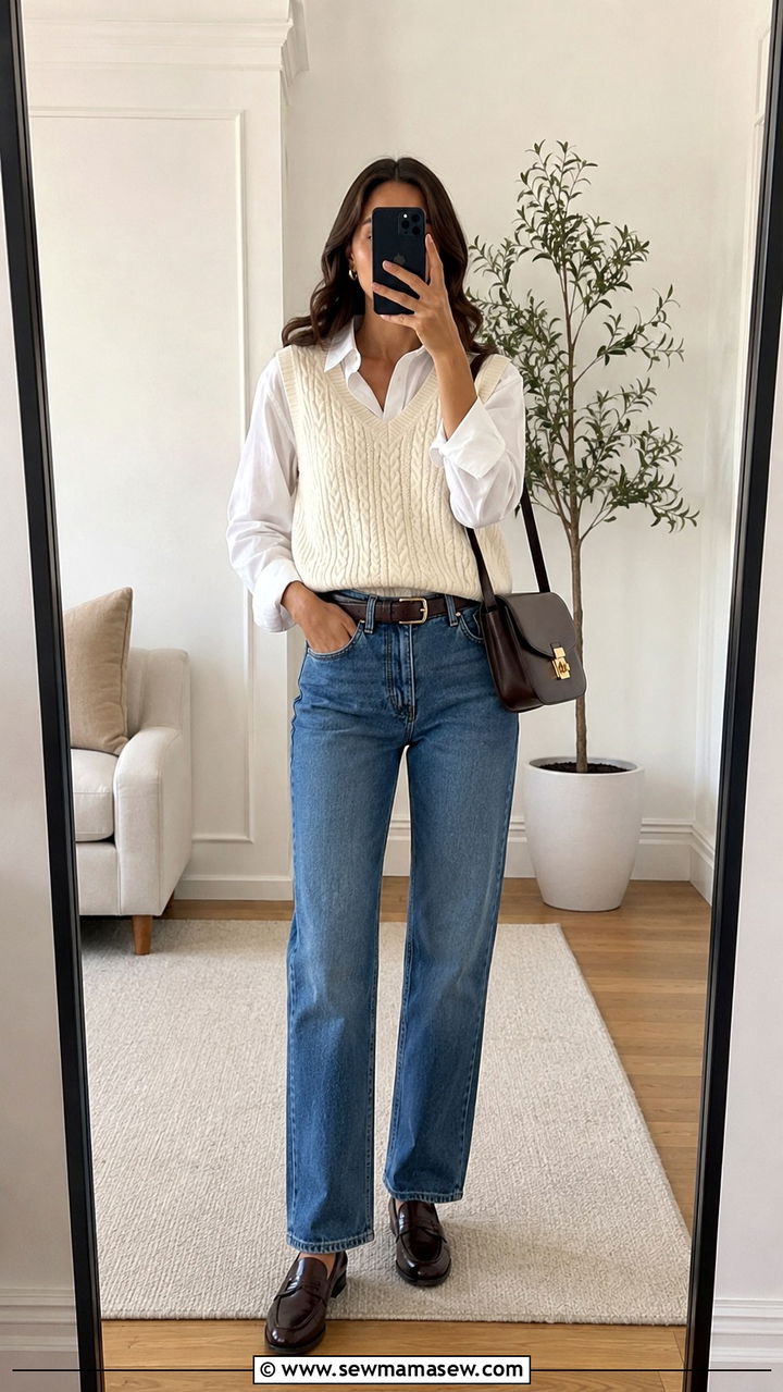 Sweater Vest With Straight Leg Jeans - 20 spring art of the in between outfit ideas