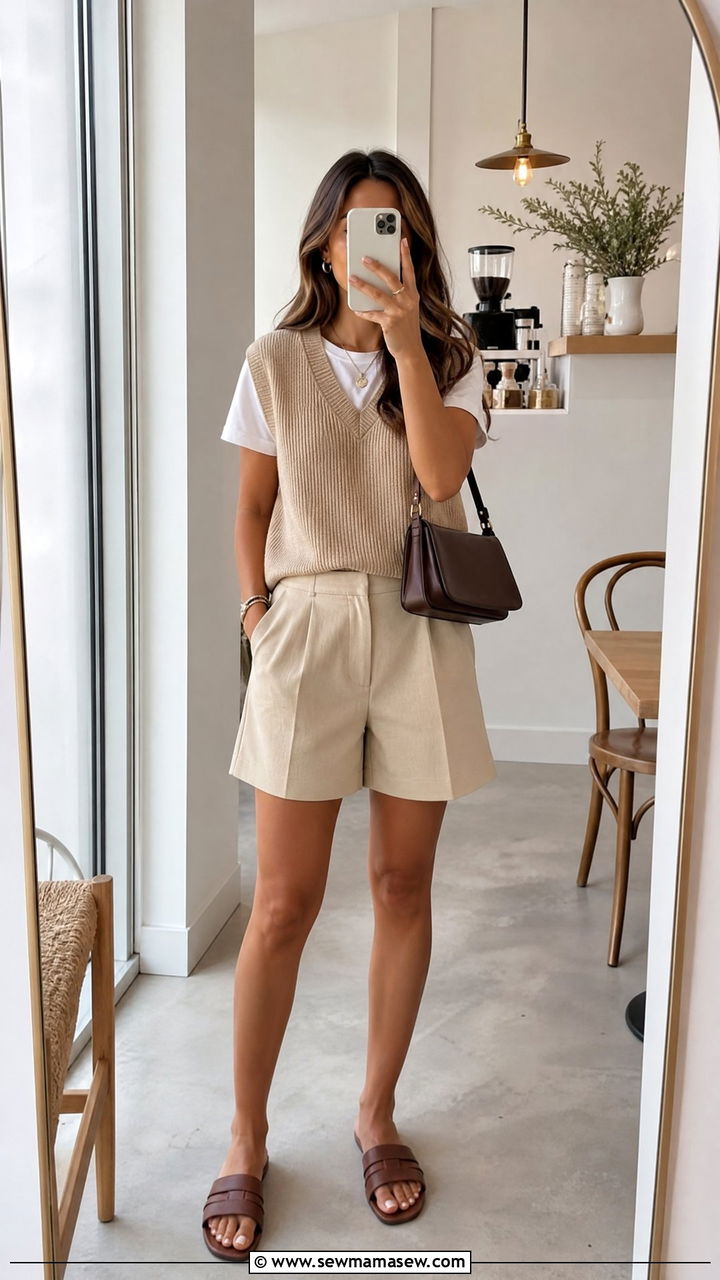 Sweater Vest With Tailored Shorts - 30 Cute brunch outfits