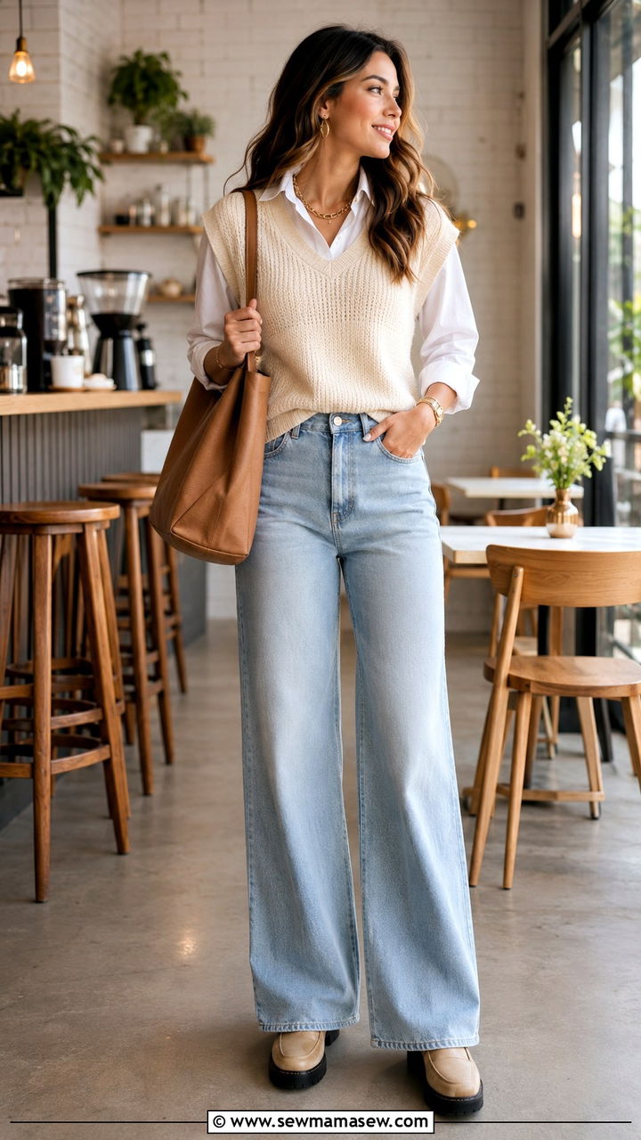 Sweater Vest With Tote Bag and Wide Leg Jeans Spring Outfit - 30 spring outfits with tote bag
