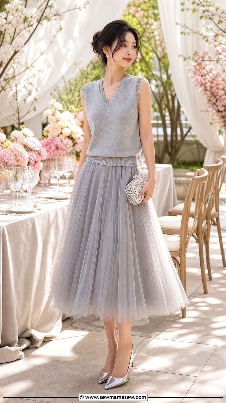 Sweater Vest With Tulle Midi Skirt - 25 Spring outfits with sweater vest