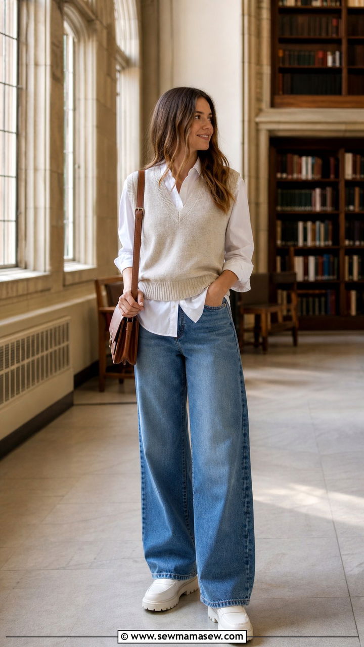 Sweater Vest With White Button Down And Wide Leg Jeans - 40 Chic spring outfit ideas 2026