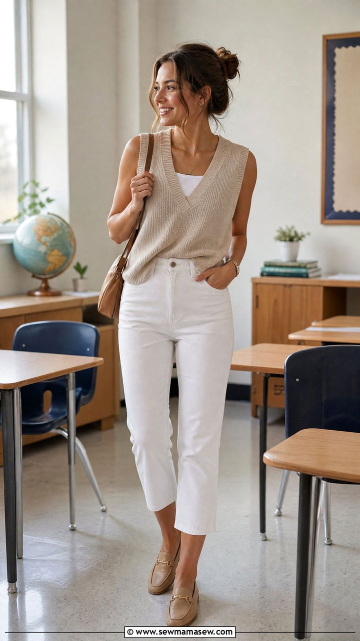 Sweater Vest With White Cropped Pants Outfit - 30 summer outfits for teachers