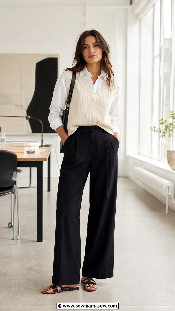 Sweater Vest With Wide Leg Pants And Leather Sandals - 30 Spring outfits with sandals