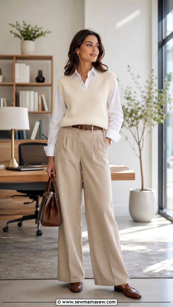 Sweater Vest With Wide Leg Pants Spring Outfit - 30 Minimalist spring capsule wardrobe