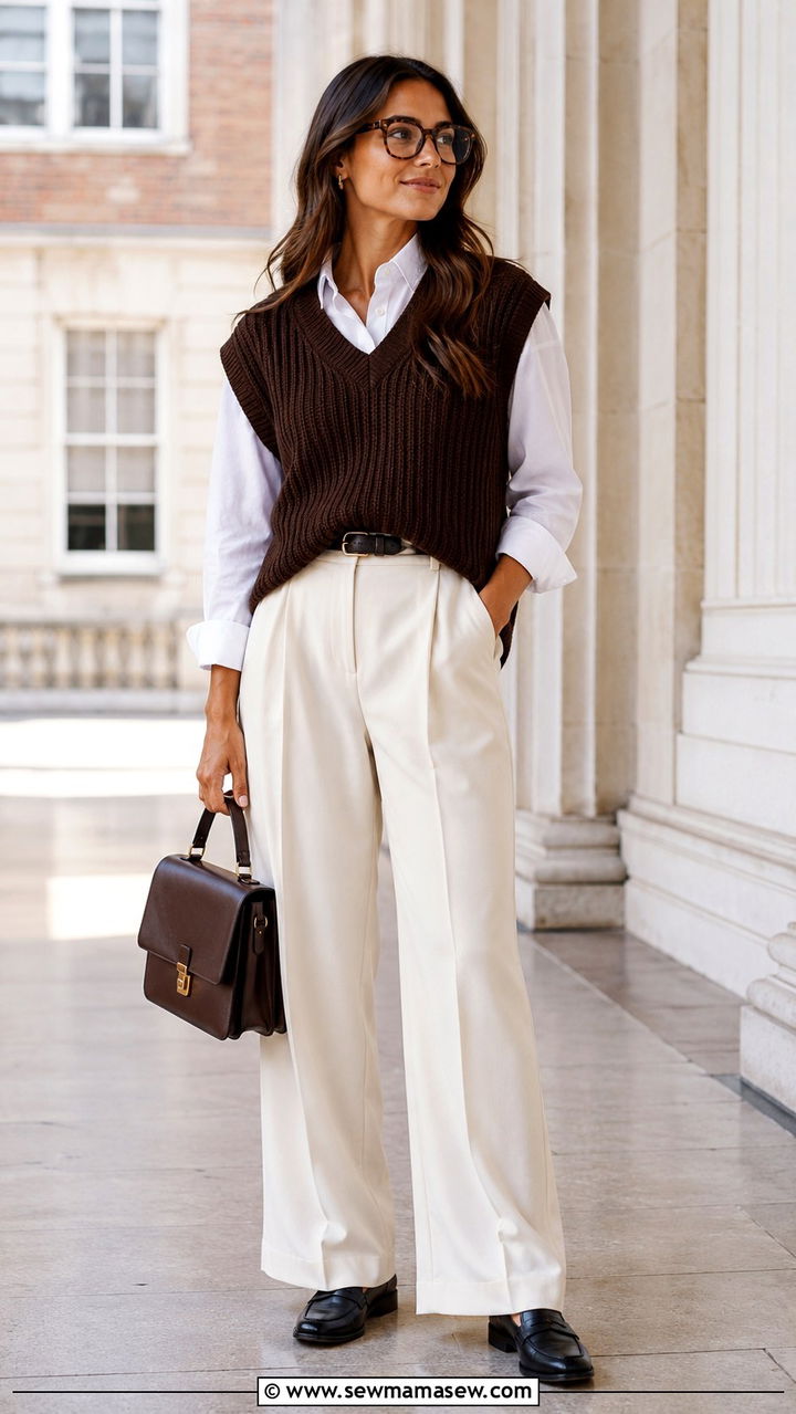Sweater Vest With Wide Leg Trousers - 30 transitional cute outfit ideas
