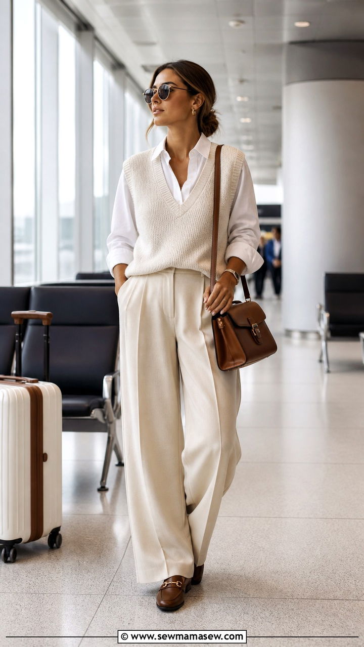Sweater Vest With Wide Leg Trousers - 40 summer airport outfit ideas