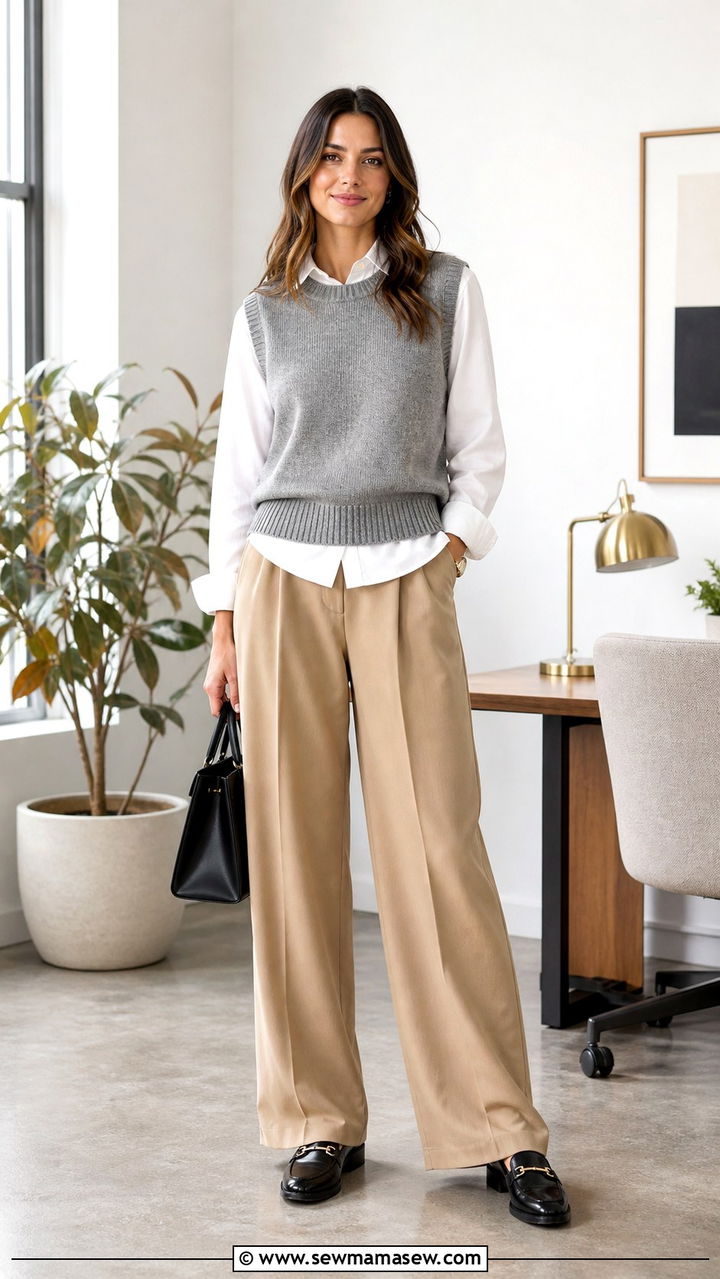 Sweater Vest With Wide Leg Trousers - 40 Casual office outfit ideas
