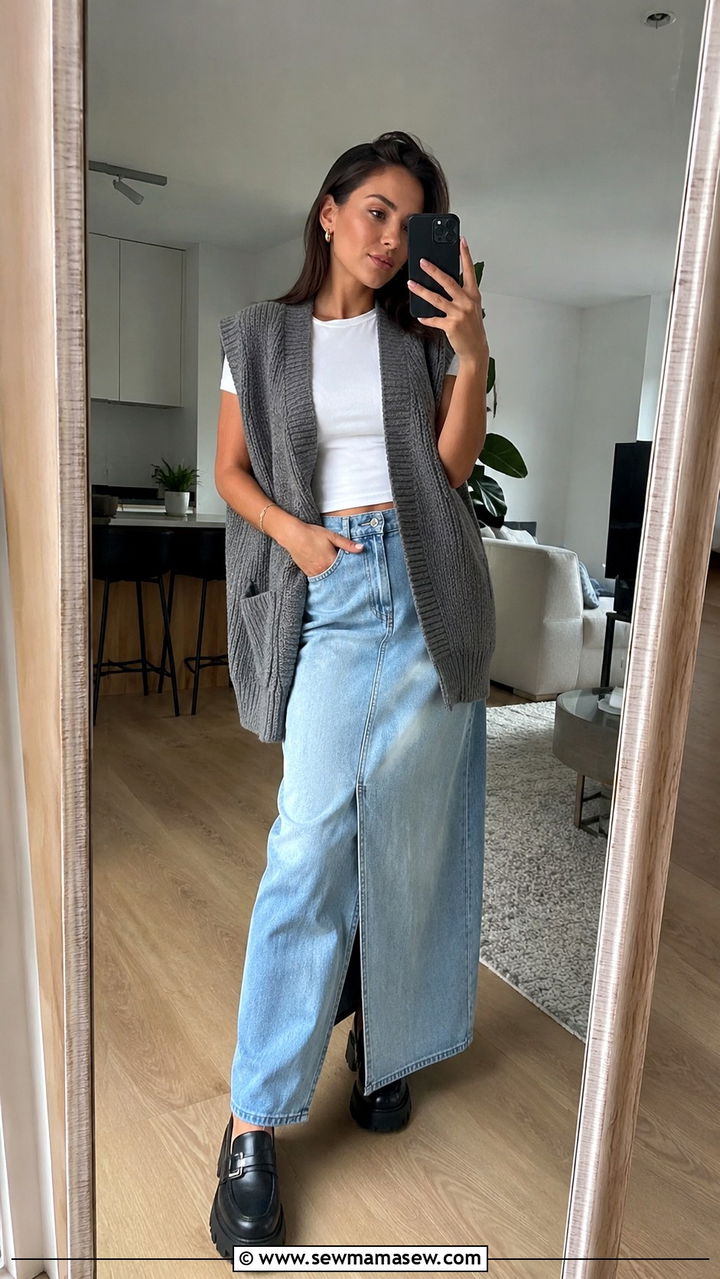 Sweater Vest Worn Open Over Maxi Denim Skirt and Chunky Loafers - 30 casual preppy outfits