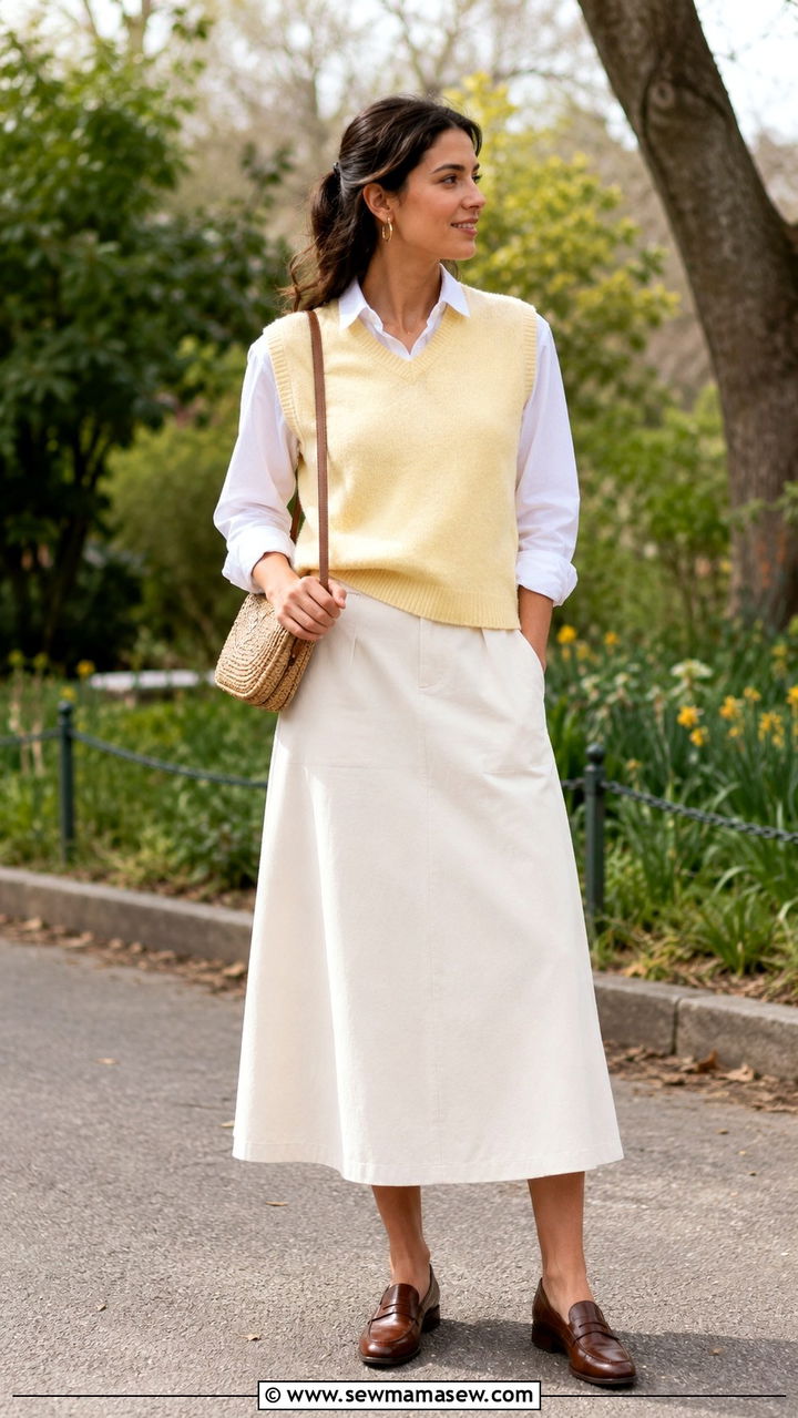 Sweater Vest and A Line Midi Skirt - 30 transitional skirt outfit ideas
