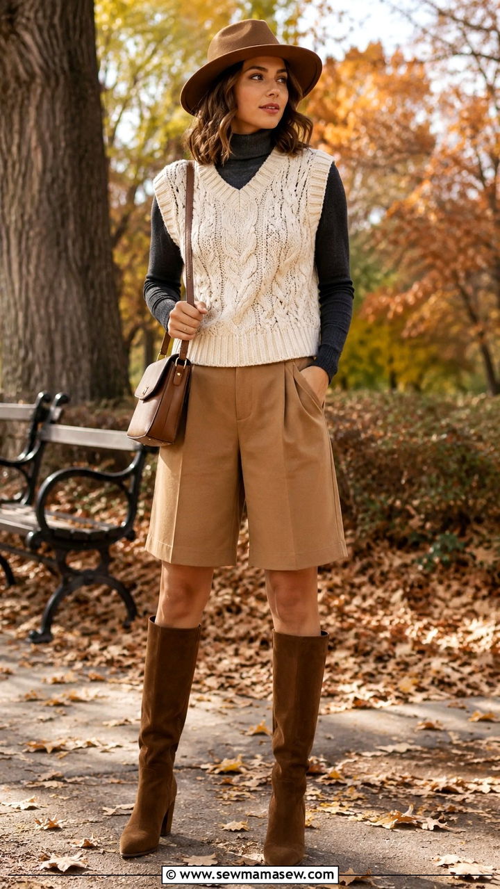 Sweater Vest and Bermuda Shorts Fall Set - 30 Vest and shorts matching set outfit ideas