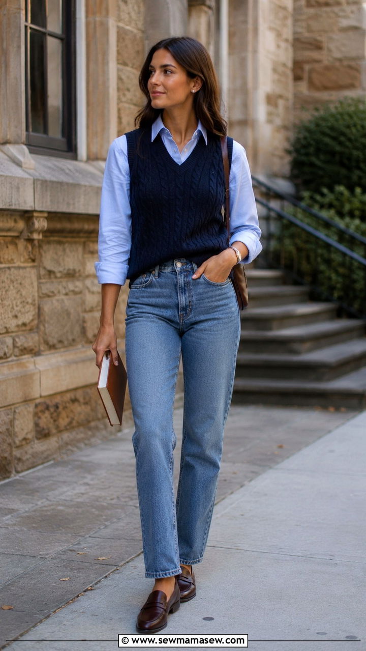Sweater Vest and Button Down Layered with Jeans - 25 Old money outfit ideas with jeans